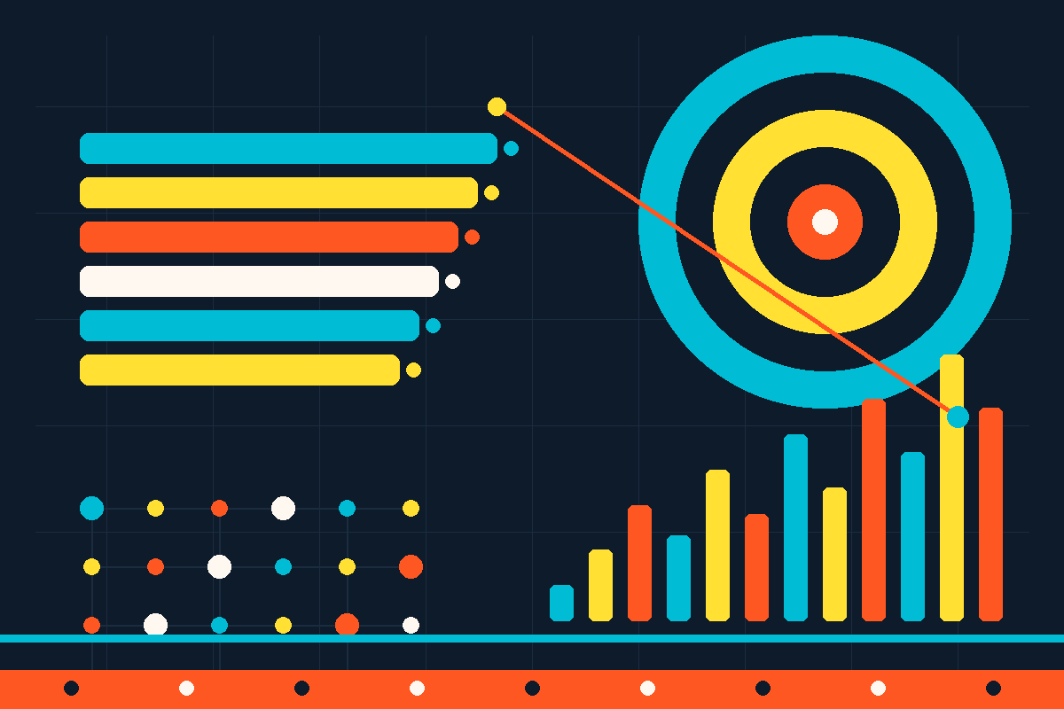 Swiss-style graphic of concentric rings, channel bands and rising bars representing Mediaocean's omnichannel platform