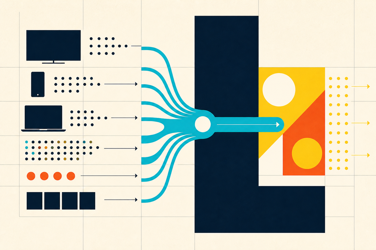 Abstract Swiss-style illustration of screens and data signals flowing through one connected pathway