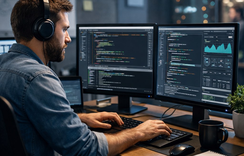 An operations engineer monitoring code and live system metrics at night