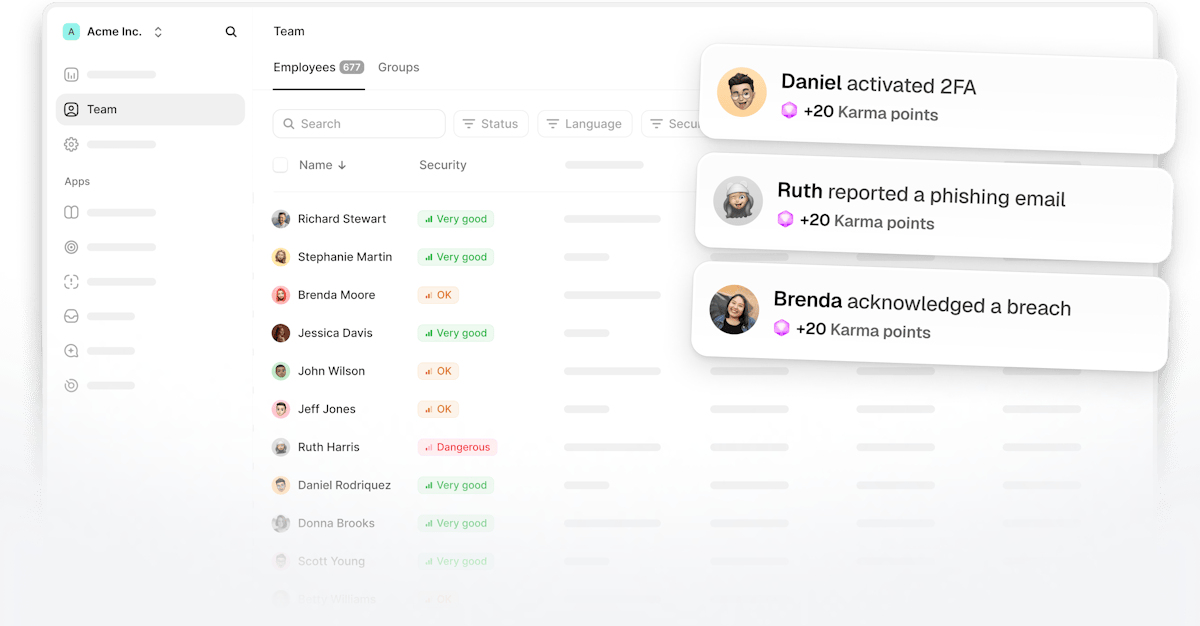 Riot dashboard showing employee security scores and actions such as activating two-factor authentication and reporting phishing