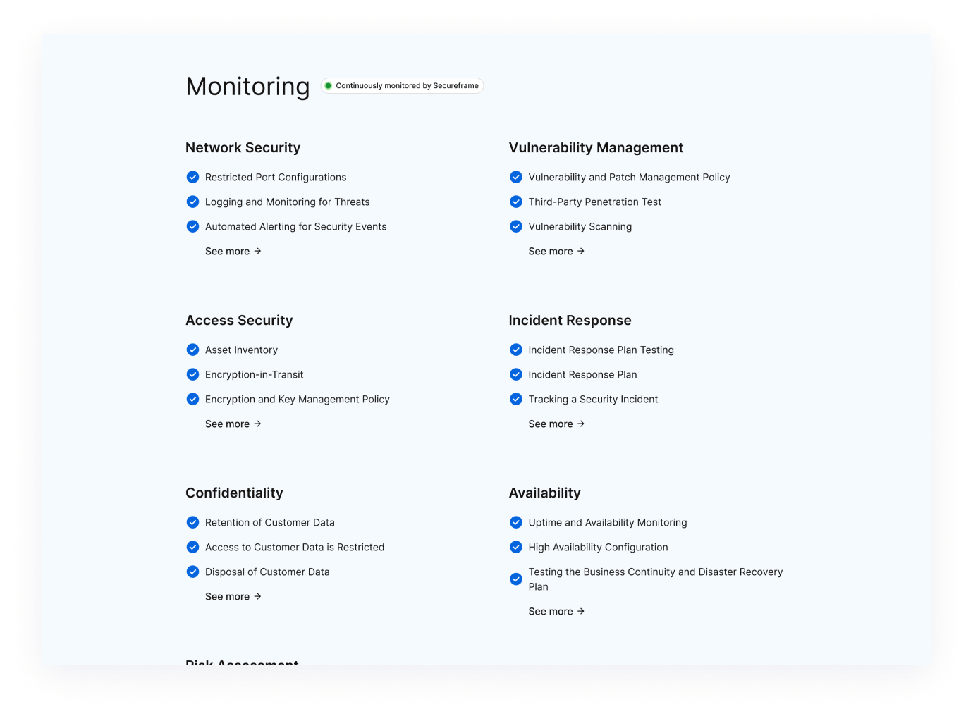 Secureframe Trust monitoring screen listing security controls