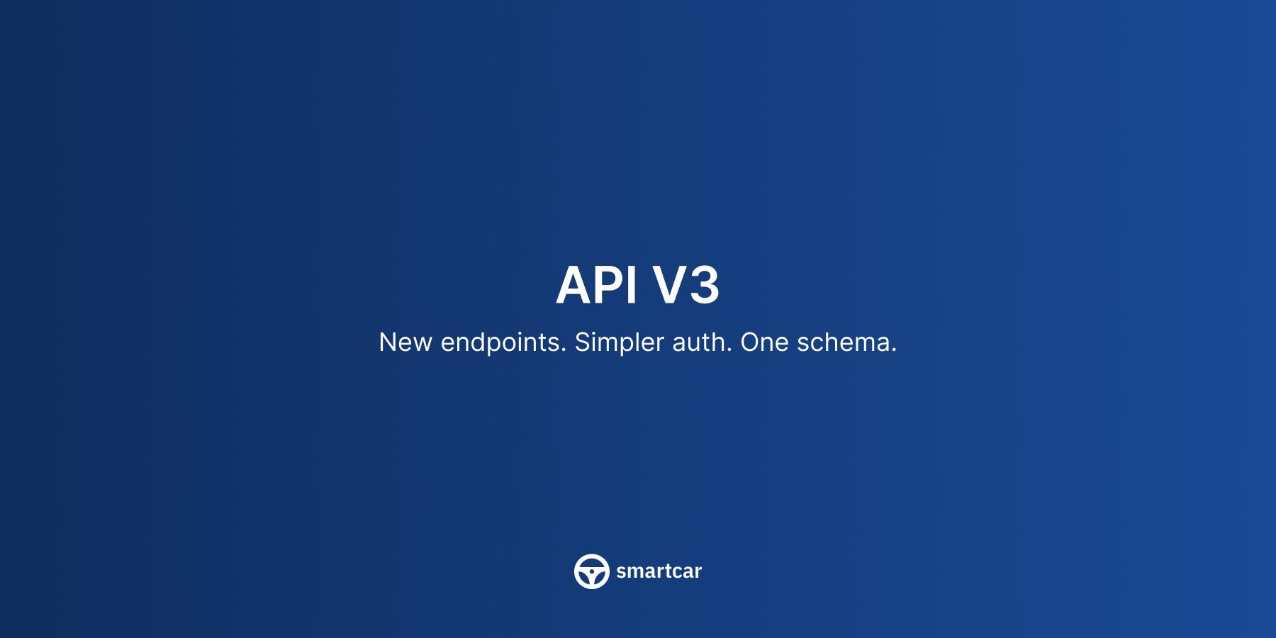 Smartcar API V3 product graphic reading New endpoints. Simpler auth. One schema.