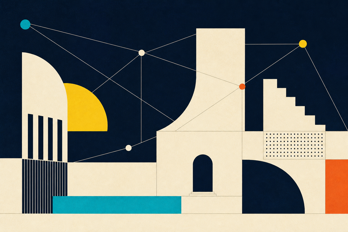Abstract Swiss-style architecture connected by fine lines and colorful nodes