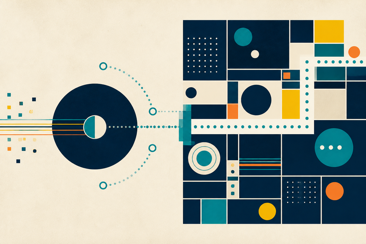 Abstract Swiss-style illustration of an open signal path moving through a geometric media grid