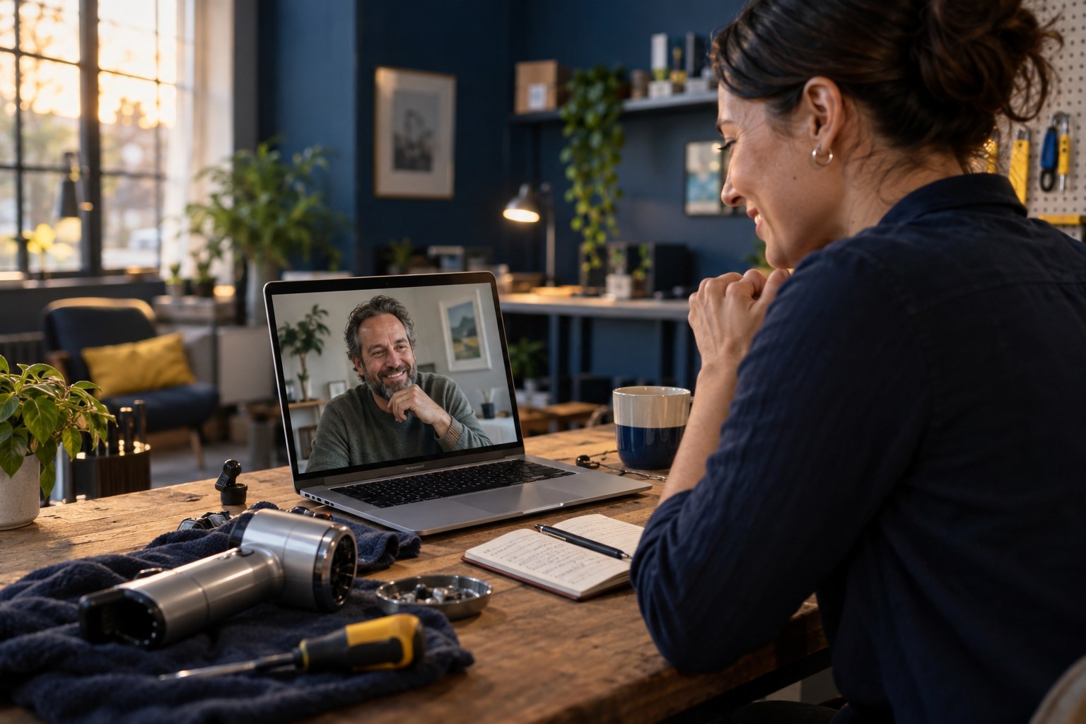 A support specialist and customer share a moment of relief after resolving a product issue by video