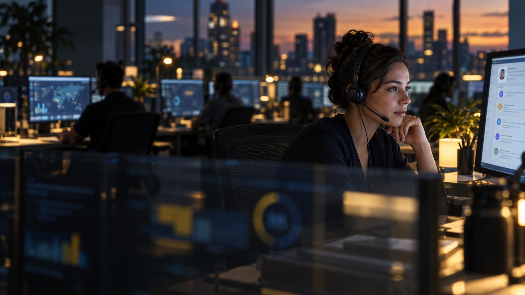 A customer support agent at work in a modern contact center at dusk