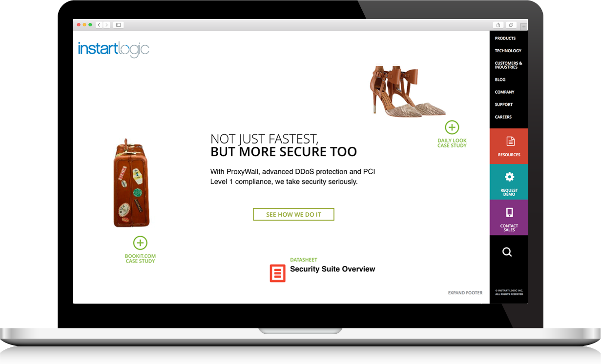 Instart Logic website design, featuring a large image and blue and green interface elements