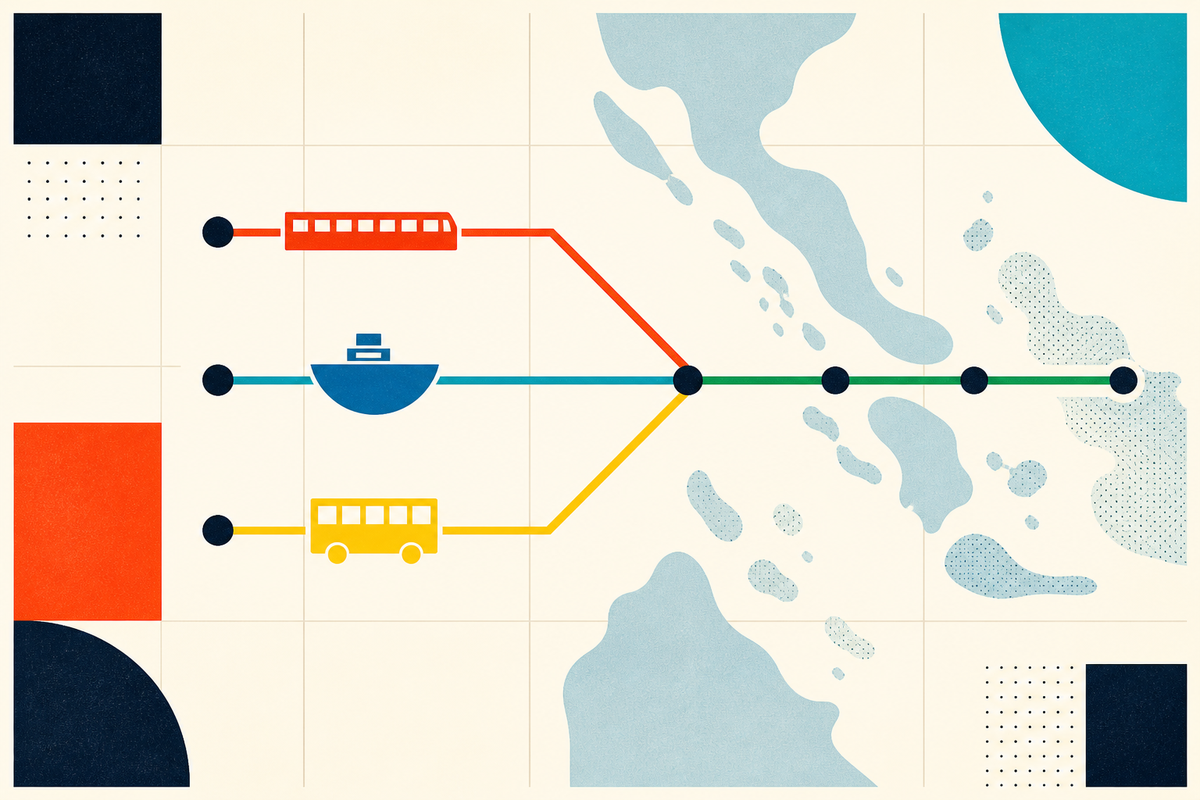 Abstract Swiss-style illustration of train, ferry and bus routes converging into one path