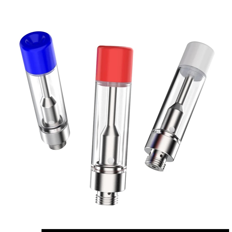 Three vaporizer cartridges with blue, red, and white mouthpieces, shown in a product rendering on 14TH ROUND’s website.