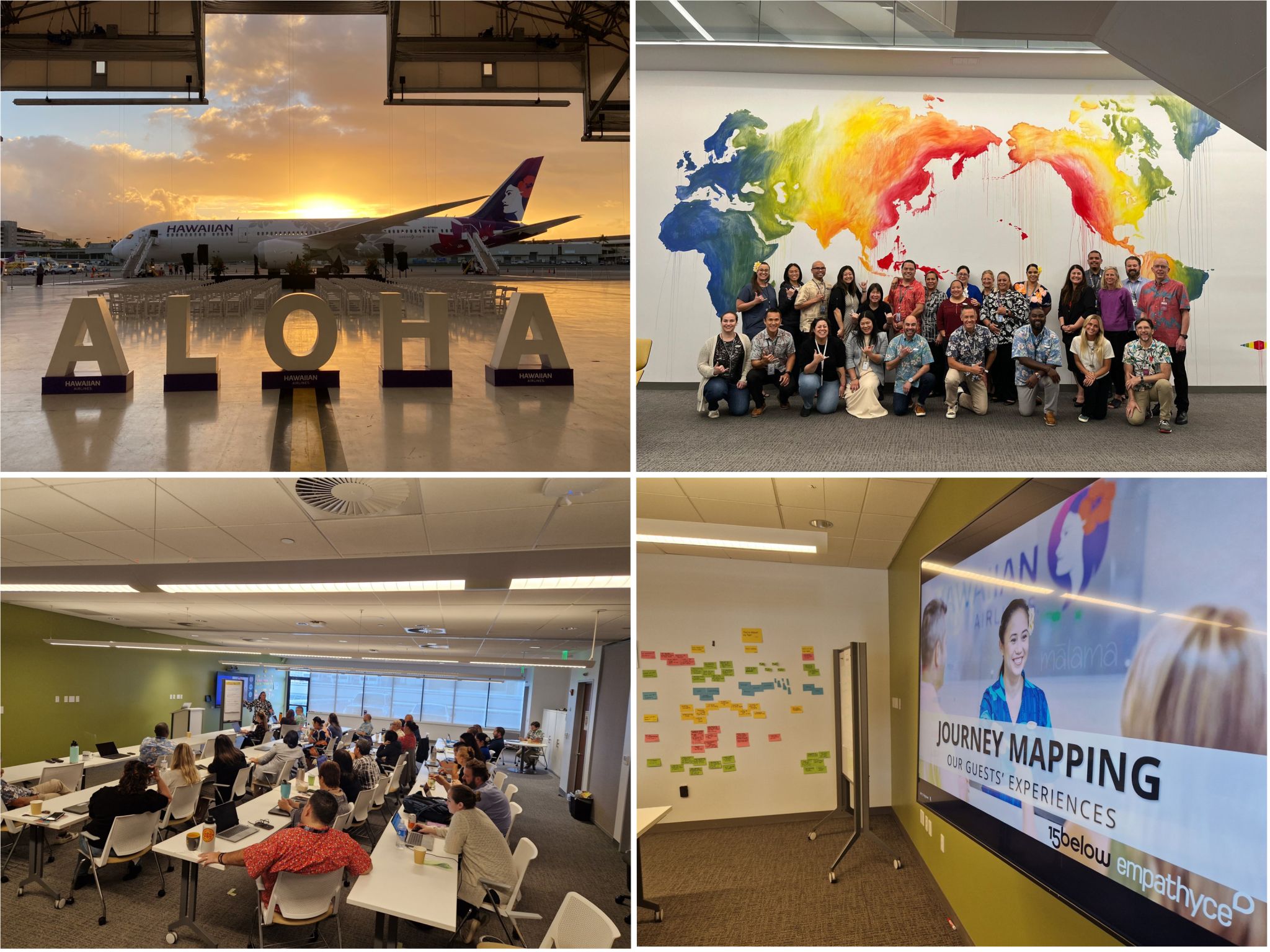 Collage of Hawaiian Airlines aircraft, workshop participants and journey-mapping notes in Honolulu
