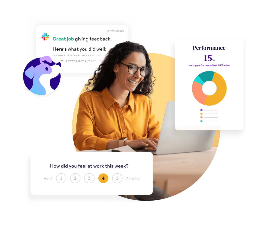 15Five product collage showing a weekly pulse question, feedback, and a performance chart