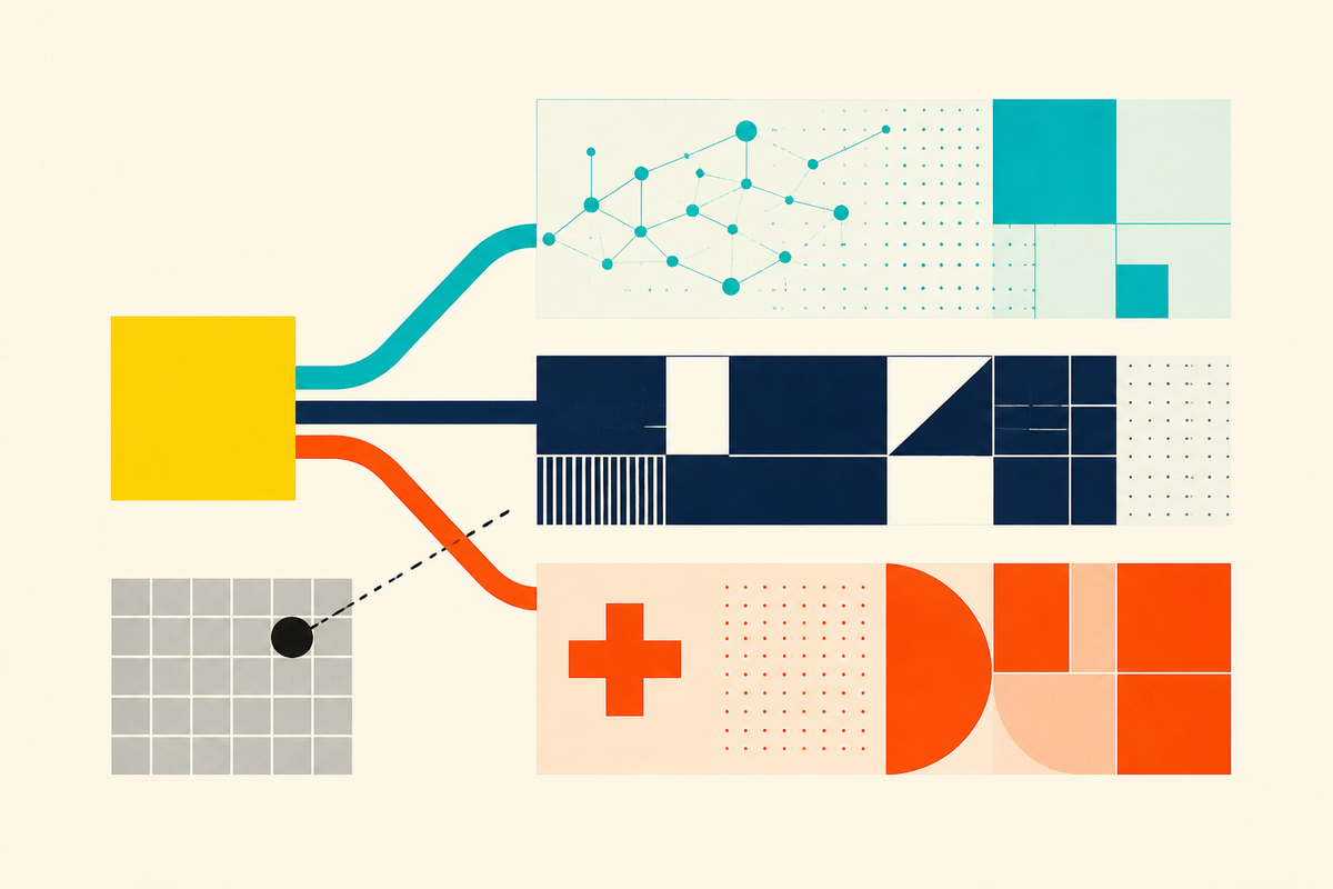 Abstract Swiss-style illustration showing one first check branching into AI, infrastructure and healthcare systems