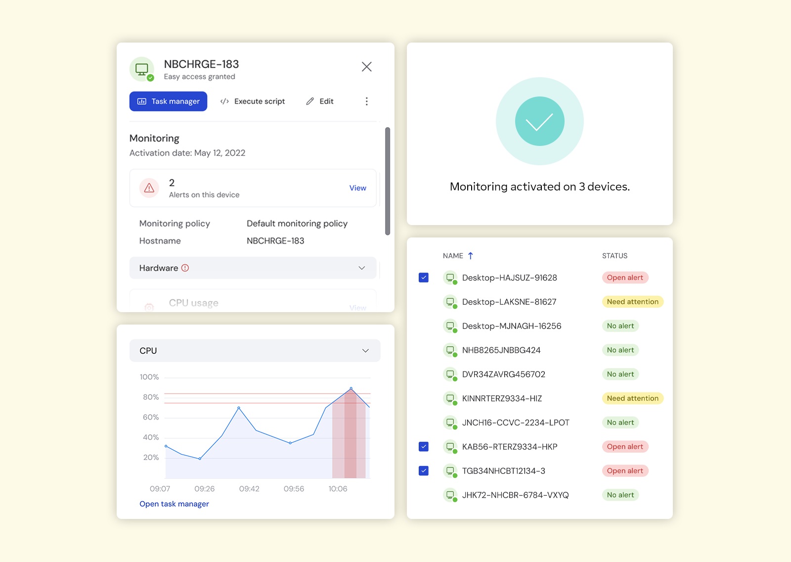 Official TeamViewer DEX illustration showing device alerts, CPU usage and monitoring status