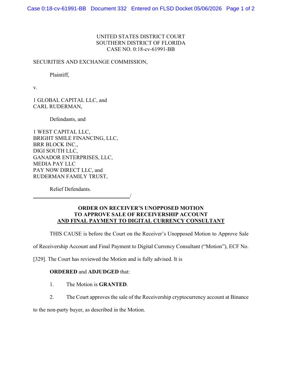 First page of the May 6, 2026 federal court order approving a receivership cryptocurrency account sale
