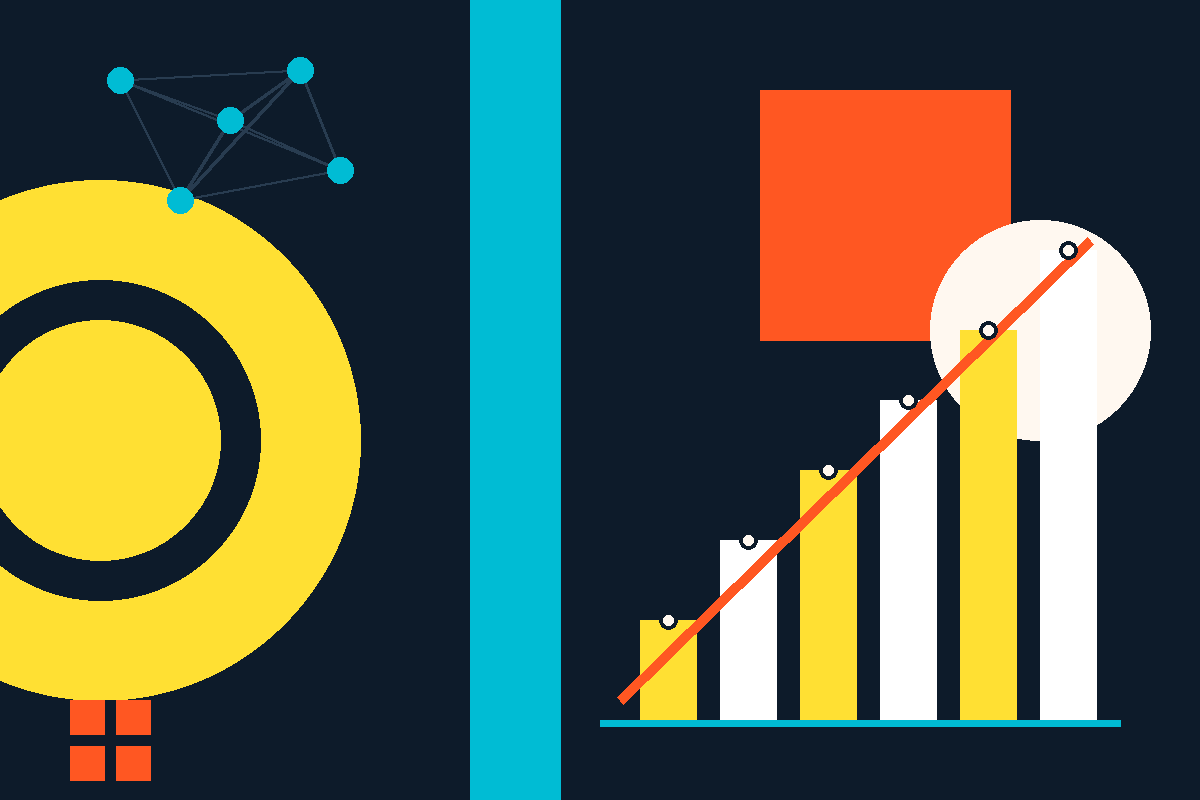 Swiss-style geometric illustration of coins, a network and a rising bar chart in the 21Shares palette