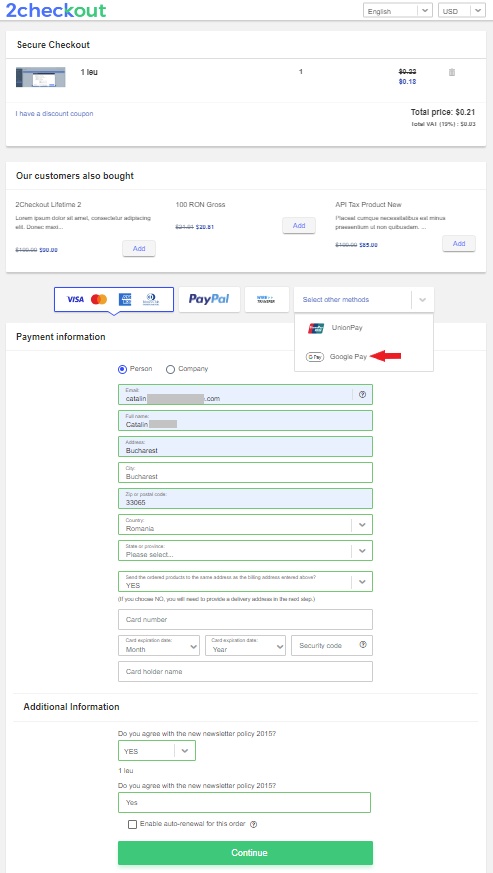 2Checkout documentation screenshot showing Google Pay among checkout payment options