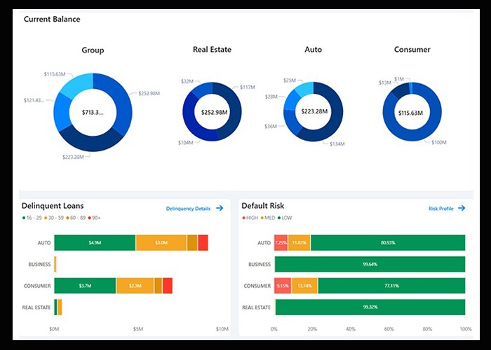 A 360factors loan analytics dashboard with charts and banking data panels