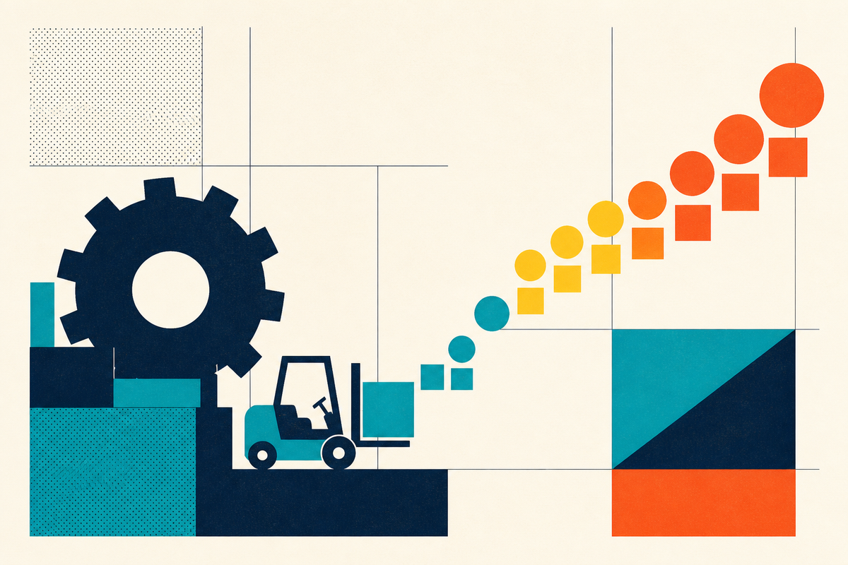 Abstract Swiss-style illustration showing industrial machinery transforming into a rising flow of colored geometric forms