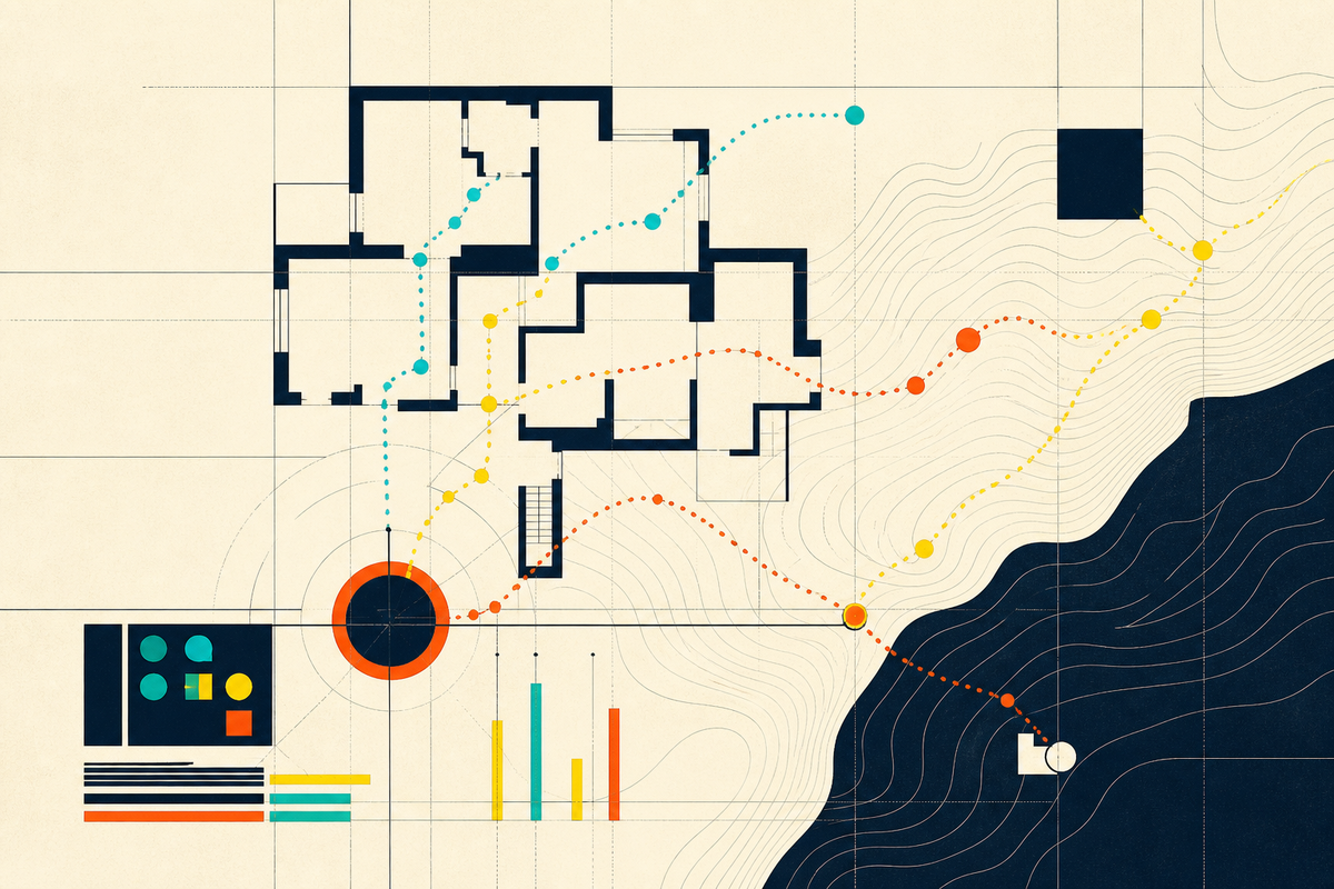 Abstract Swiss-style map with building outlines, terrain contours and colored tracking paths