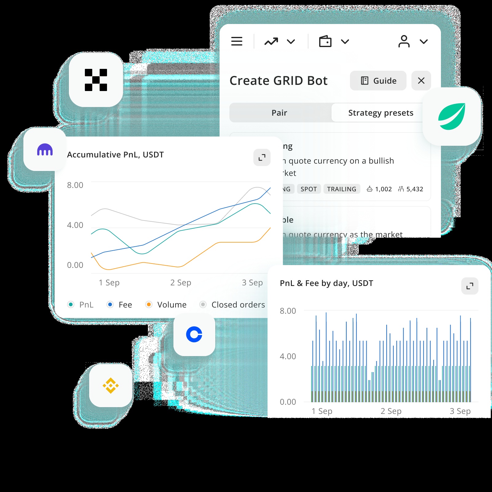 3Commas promotional illustration showing Grid Bot creation and trading analytics