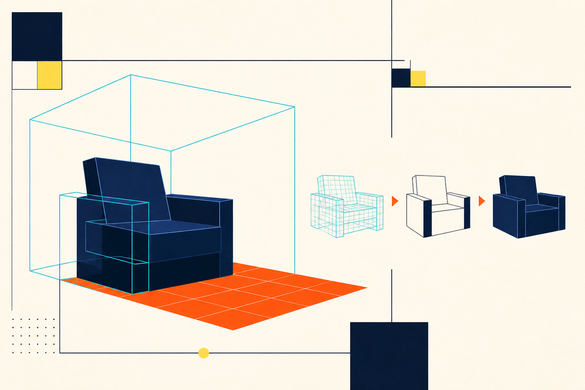 Abstract Swiss-style illustration of a chair moving from wireframe to configured product inside a room grid