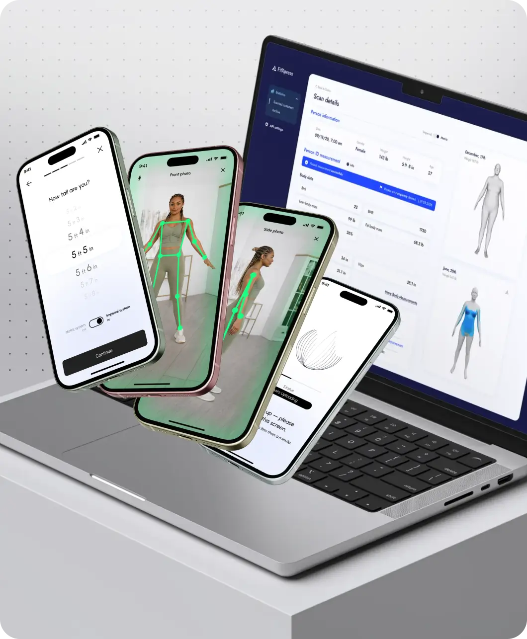 FitXpress body-data and progress interfaces displayed on mobile screens and a laptop