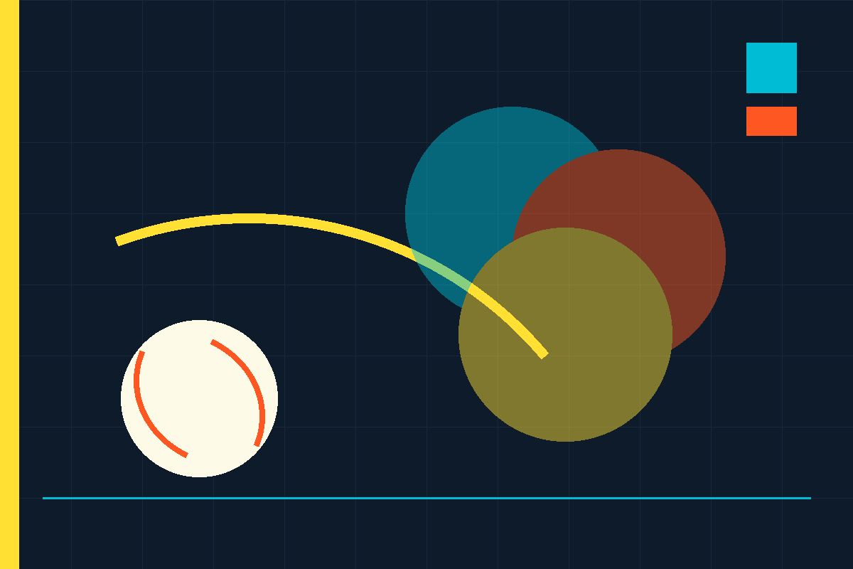 Swiss-style graphic: a baseball, the arc of a hit, and three overlapping circles