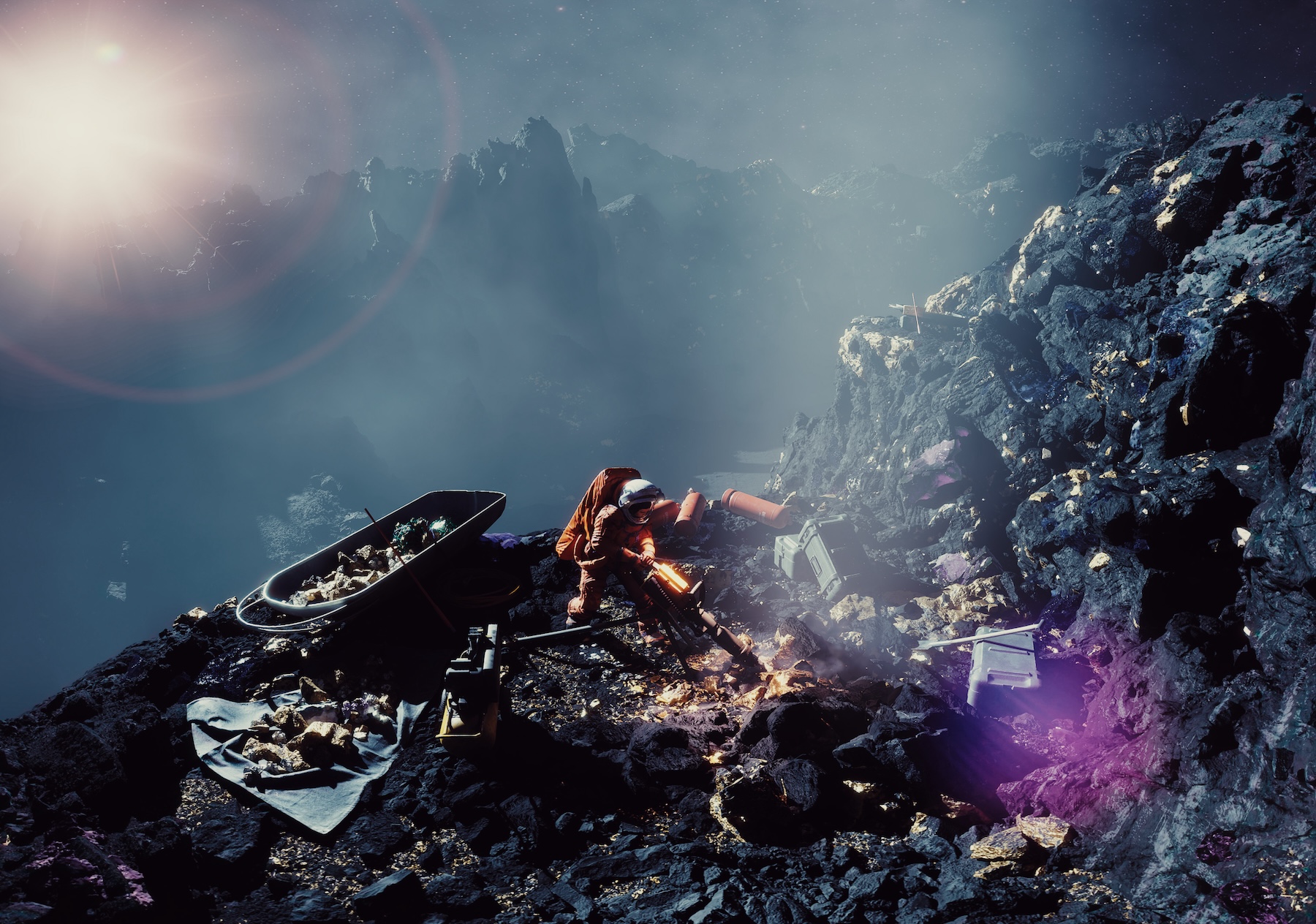 An astronaut explores a rocky extraterrestrial landscape in Asteroid