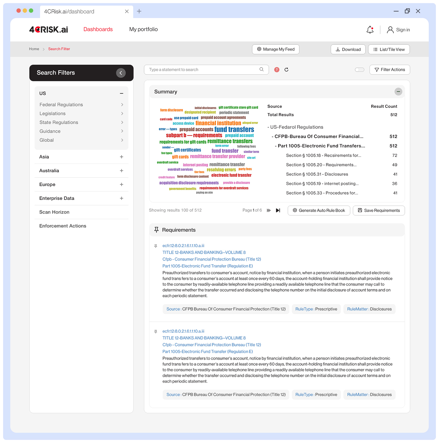 4CRisk Regulatory Research dashboard