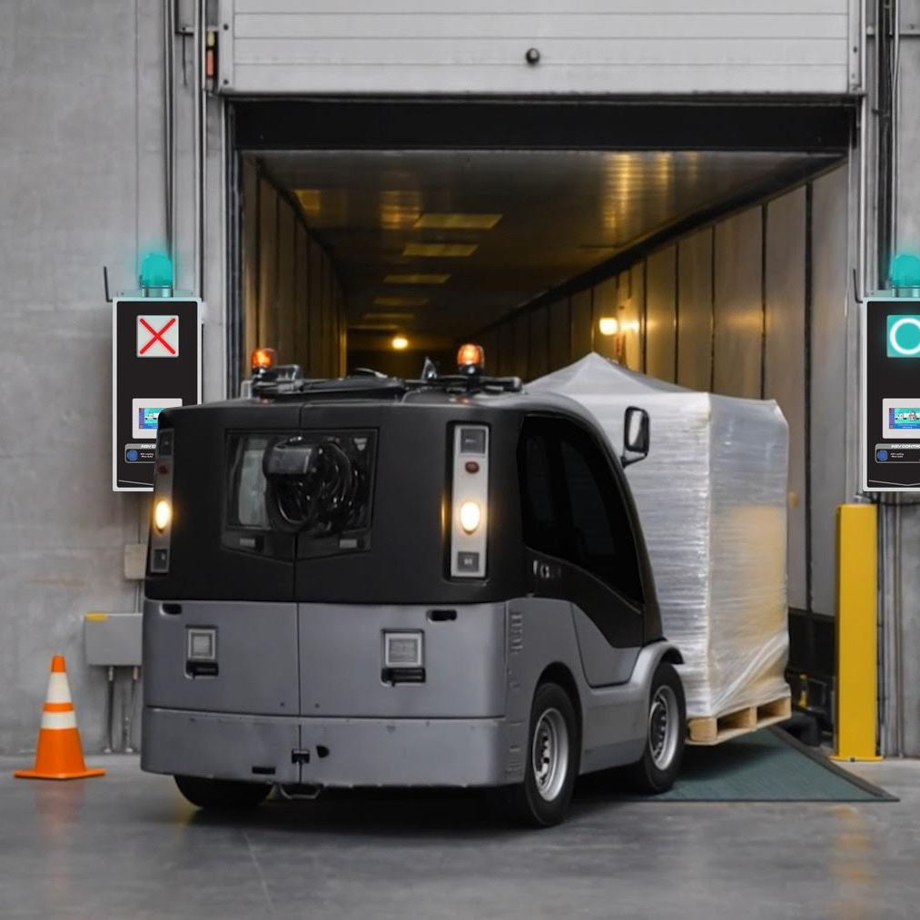 Company illustration of an automated vehicle carrying a pallet through a loading dock beside control panels