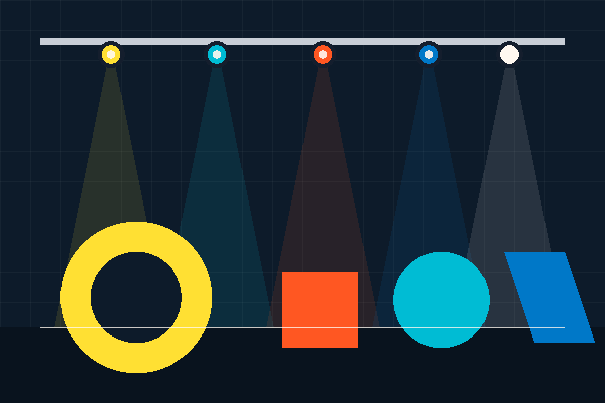 Swiss-style illustration of a lighting truss with colored beams over geometric shapes