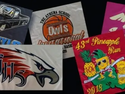 Examples of colorful screen-printed shirts produced by 5 Star Apparel