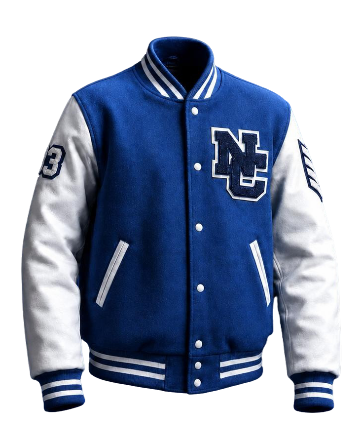 Blue and white custom letterman jacket