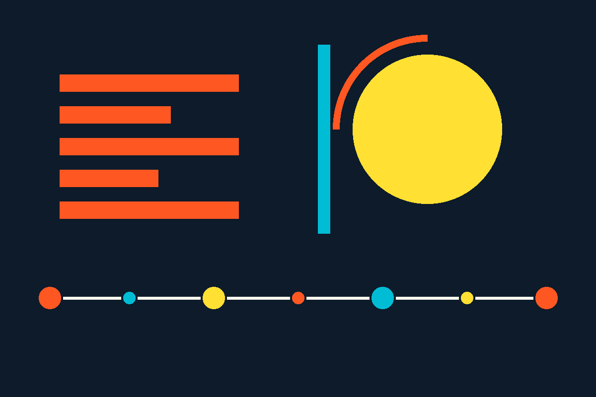 Swiss-style geometric graphic: red bars, a yellow disc, and a line of colored station nodes on a navy field