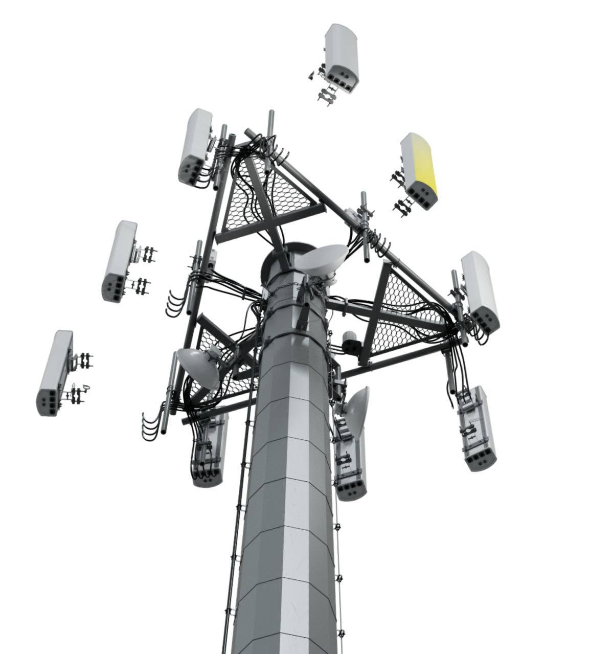 Clean 3D product render of a cellular monopole tower with sector antennas