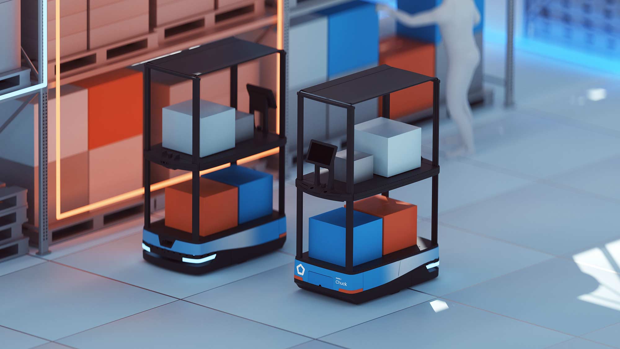 Official product rendering showing two Chuck robots beside warehouse racks