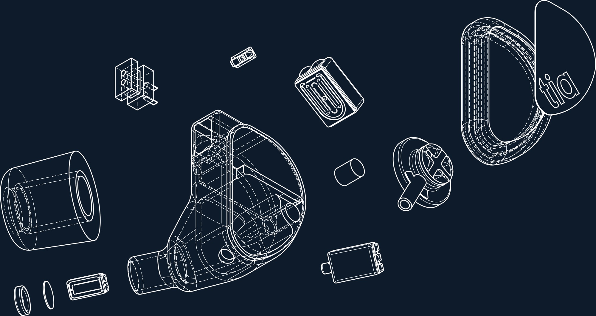 Exploded technical diagram of a 64 Audio tia in-ear monitor showing drivers, shell and apex module