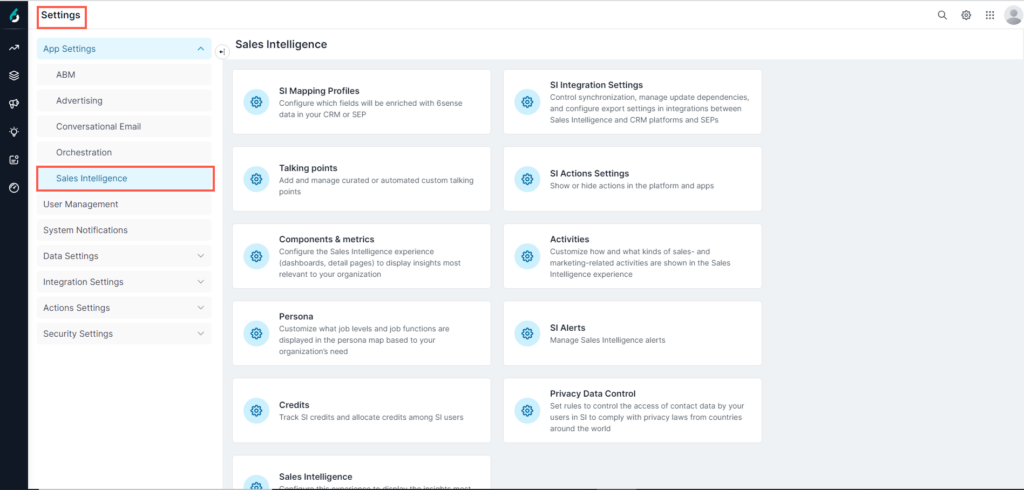 6sense Sales Intelligence settings screen showing integration, alerts, persona, credits, and privacy controls