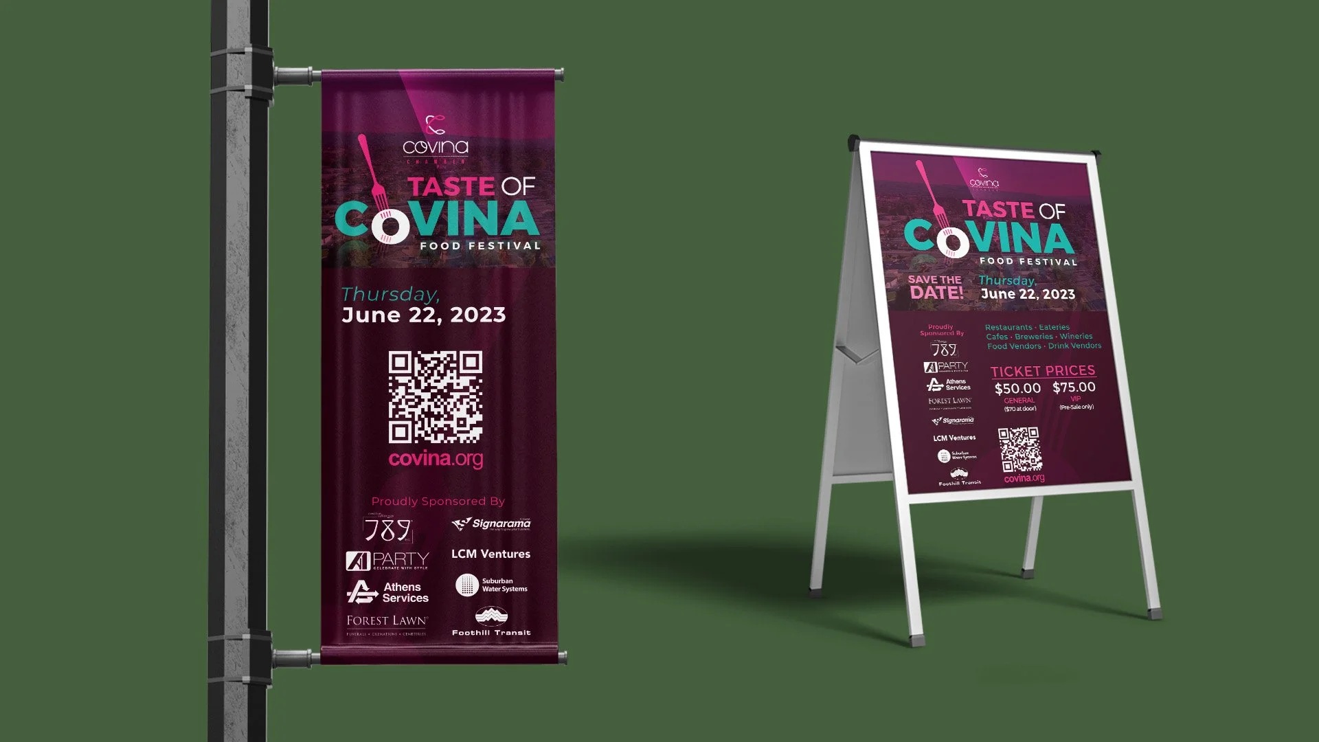 Design mockup showing matching Taste of Covina 2023 street banner and pavement sign