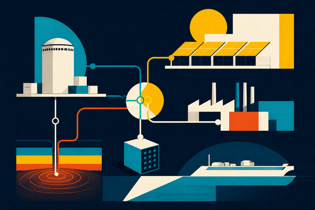 Abstract Swiss-style illustration connecting nuclear power, geothermal energy, manufacturing, edge compute and coastal transport