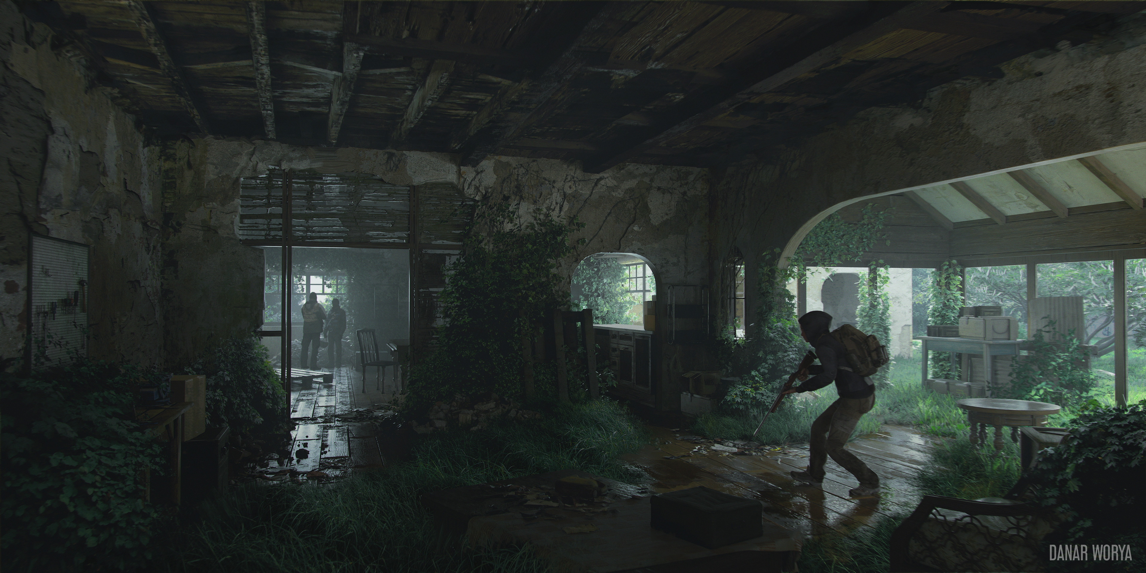 Danar Worya environment artwork showing an overgrown, abandoned interior with figures moving through it.