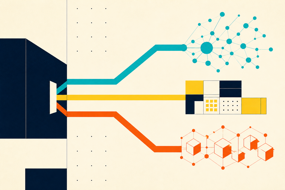 Abstract geometric pathways branching from a capital block toward neural, modular software and blockchain systems