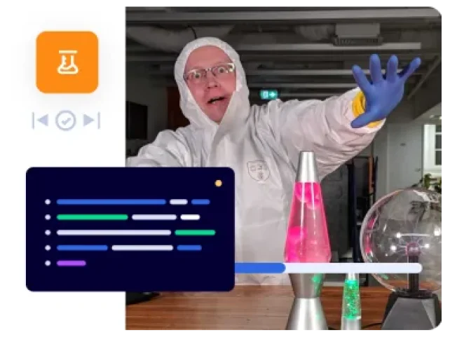 A Cloud Guru marketing illustration for hands-on labs, with a presenter in protective clothing and a stylized code panel