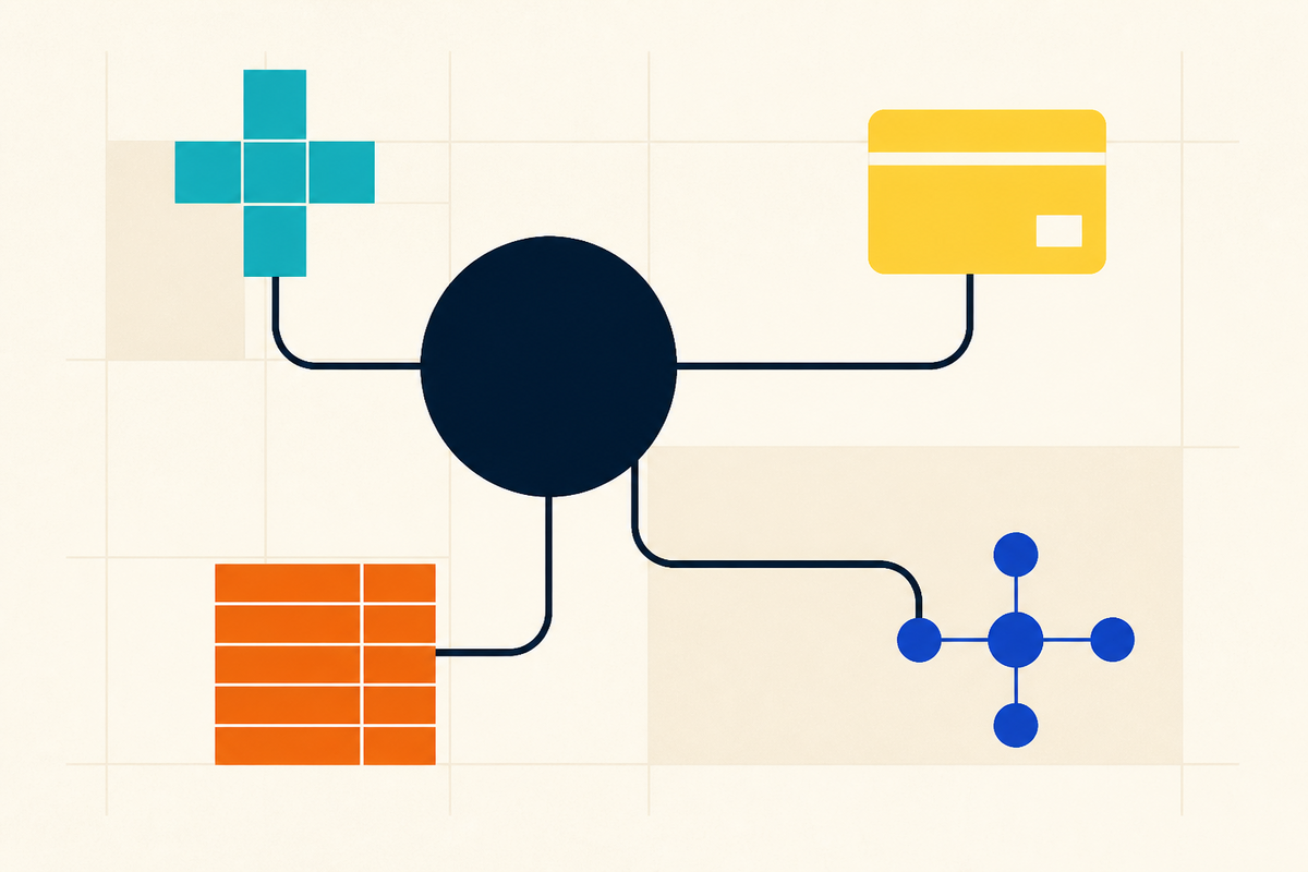 Abstract Swiss-style illustration of healthcare, payments, payroll and care networks connected to a central hub