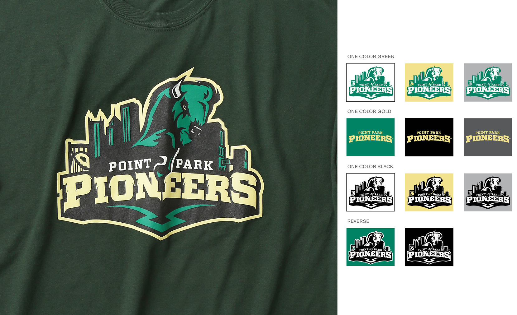 Point Park Pioneers bison identity and color applications designed by A to Z Communications