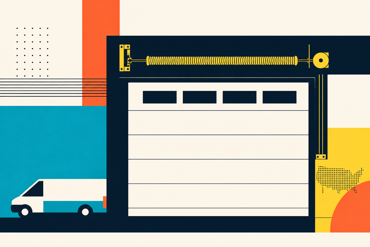 Abstract Swiss-style illustration of a sectional garage door, torsion spring and service van