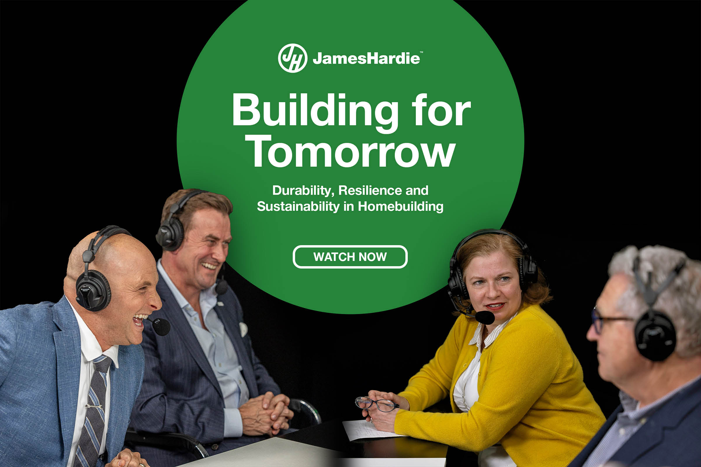 Promotional image showing Chip Wade, Aaron Erter, Nicole Tysvaer and Peter Pfeiffer for the Building for Tomorrow discussion