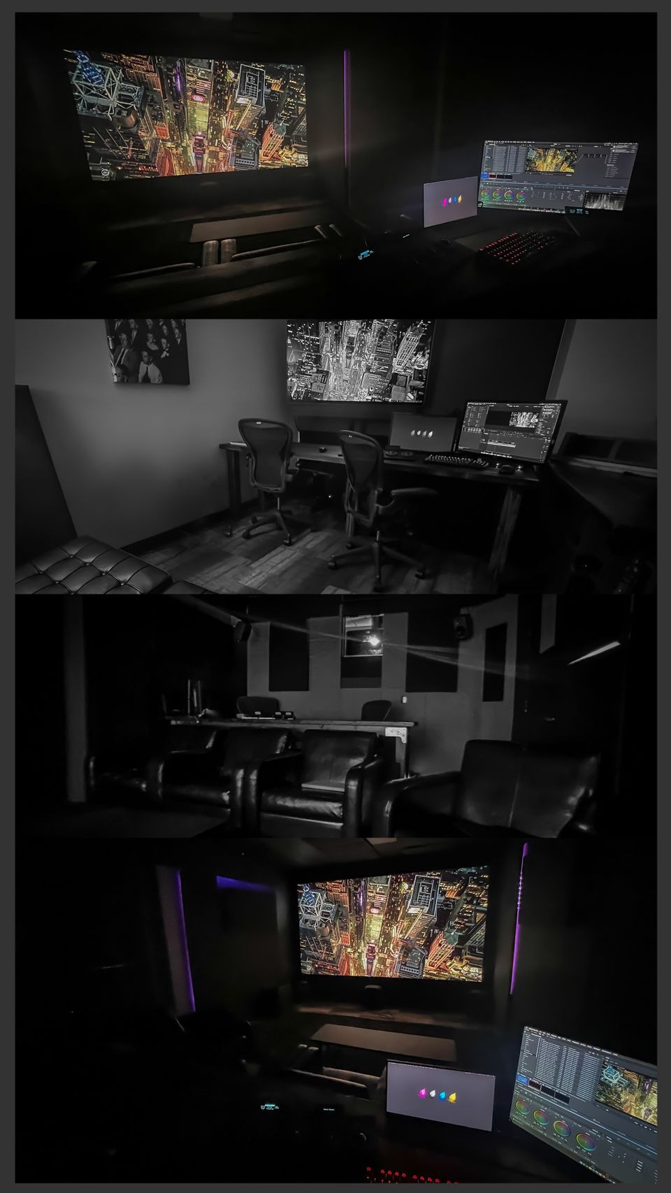 Four views of Aaron Peak's dark color-grading rooms, with projection screens, grading controls and client seating