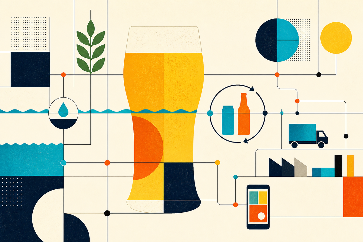 Abstract Swiss-style illustration linking beer, water, grain, packaging, logistics and a digital storefront