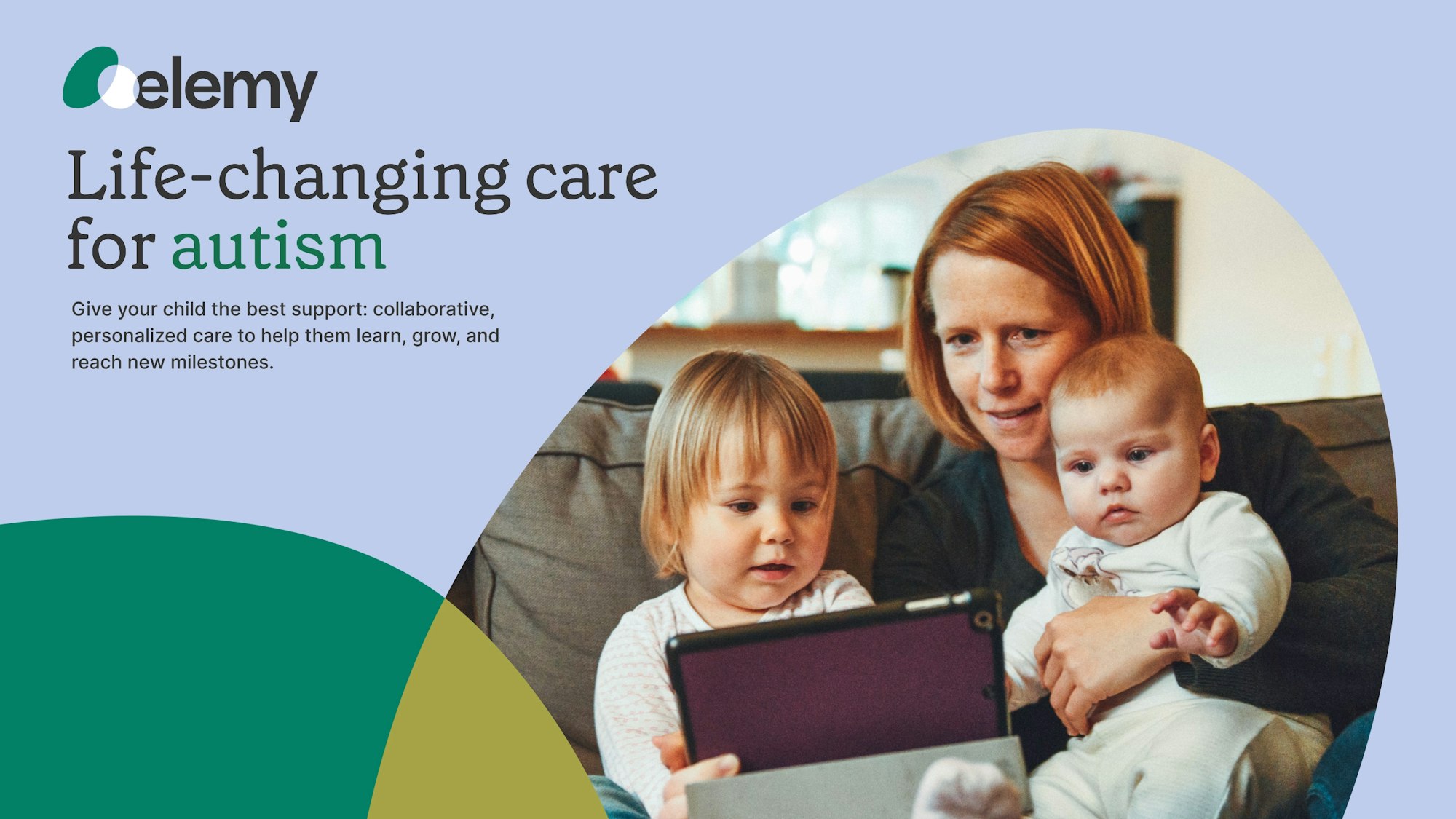 Elemy campaign image showing a parent and two young children using a tablet